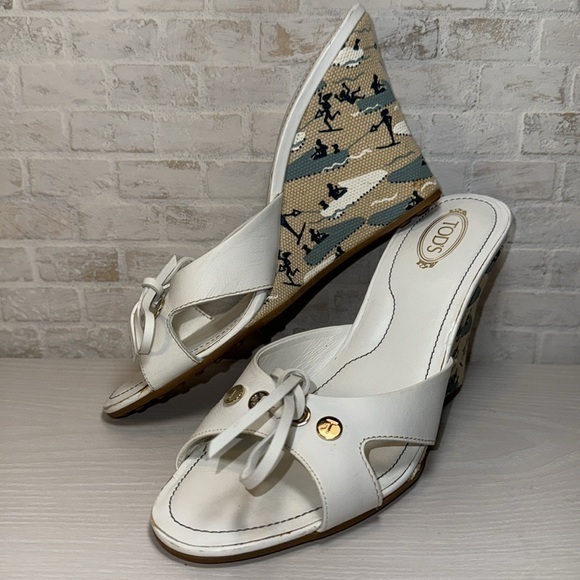 Tod's White Ribbon Wedge Wakeboard Pattern Espadrille Sandal Heel Shoes - Picture 1 of 15